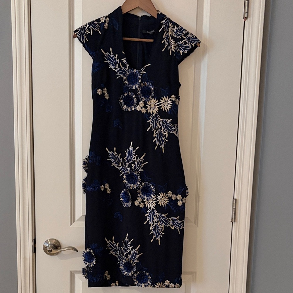 Badgley Mischka Navy Midi Dress with White & Blue Embroidered Floral Print